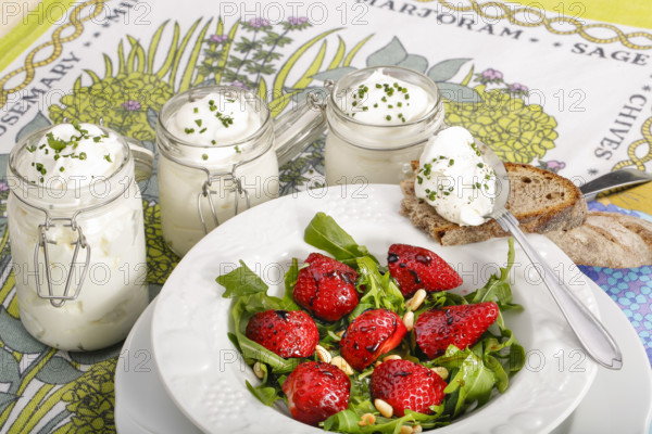 Swabian cuisine, Luggeles cheese in a jar, salad rocket with strawberries, pine nuts, Swabian cream cheese, dairy product, vegetarian, healthy, rocket, bread, chives, arranged on a plate, grandmother's kitchen, regional, home cooking, typical Swabian, traditional cuisine reinterpreted, food photography, studio, Germany, Europe