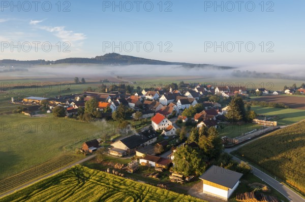 Sunrise with fog, Unlingen, behind Bussen, Swabian Alb, Upper Swabia, Swabia, Baden-Württemberg, Germany, Europe