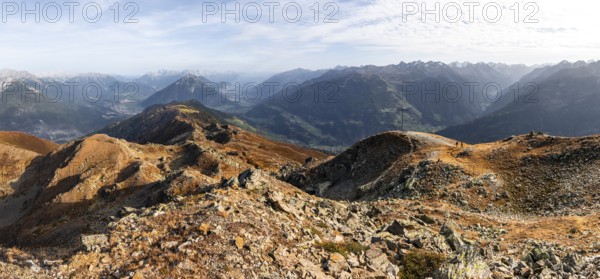 Mountain panorama at Kreuzjoch summit, view of Tschirgant summit and the Oberinntal valley and into the Pitztal valley, in autumn, Venet crossing, Ötztal Alps, Tyrol, Austria, Europe