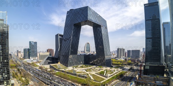 Beijing central business district CBD skyline with the headquarters of Chinese television CCTV Panorama in Beijing, China, Asia