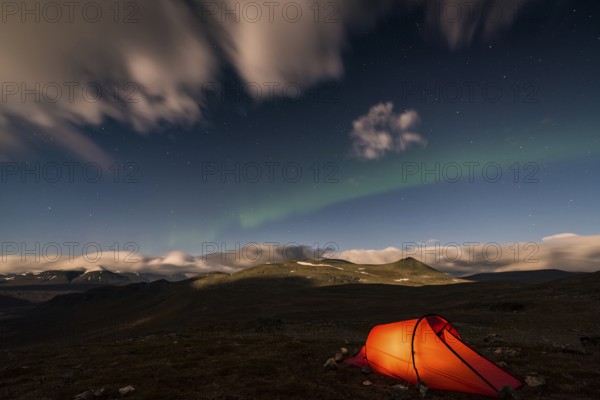 Tent in mountain landscape, Sarek National Park, World Heritage Laponia, Norrbotten, Lapland, Sweden, night shot, lighting, Scandinavia, Europe