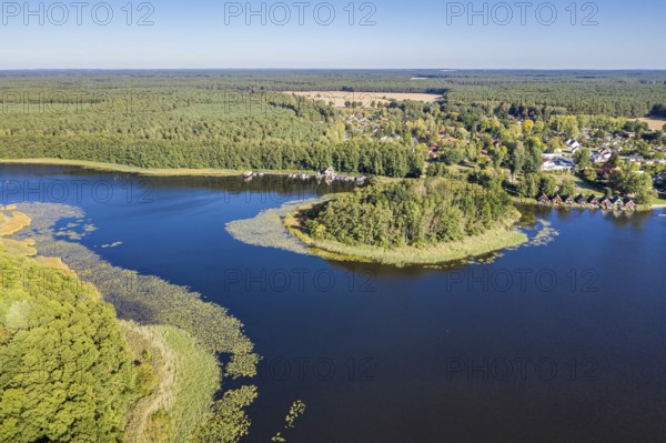 Aerial view of island in lake Granzower Möschen, Mecklenburg lake district, Mecklenburg-Vorpommern, Germany, Europe
