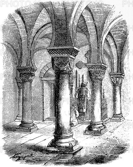 Crypt under the tower of the church in Göttingen, Germany, columns, vault, altar, church construction in the Christian Middle Ages, 9th to 15th century, historical illustration 1880, Europe