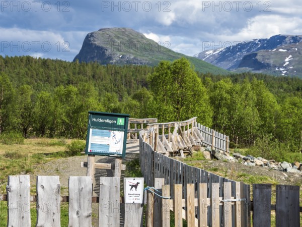 Start of hiking path Hulderstigen, upper valley of river Sjoa, bridge over the river, Jotunheimen, Norway, Europe