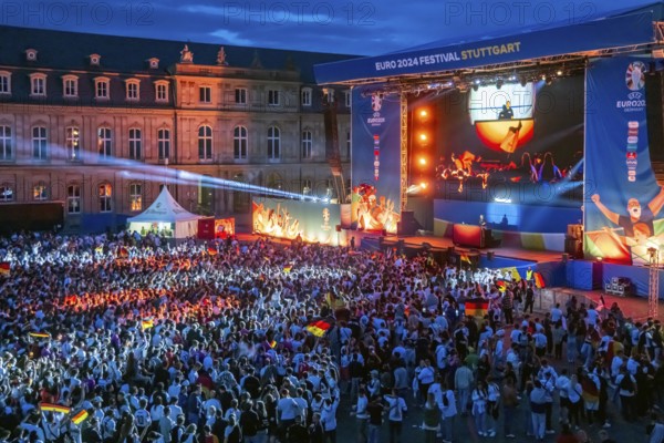 Public viewing at Neues Schloss in Stuttgart in the evening. 30, 000 people celebrate the German national football team during the European Championship on the fan mile on Schlossplatz. Motto for UEFA EURO 2024: The whole city one stadium. Stuttgart, Baden-Württemberg, Germany, Europe