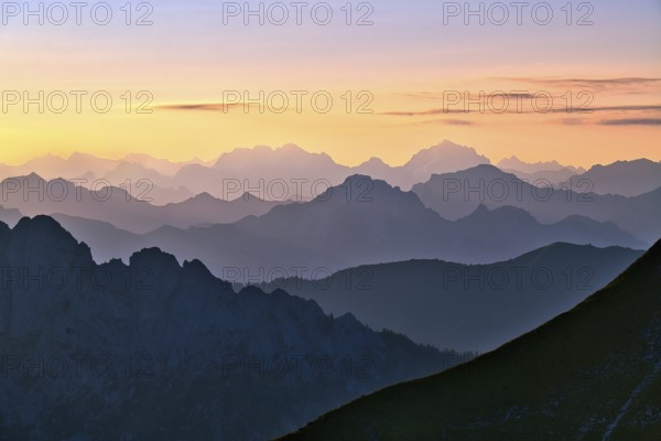 Fribourg Prealps and Bernese Alps at dawn, Cantons of Fribourg and Bern, Switzerland, Europe