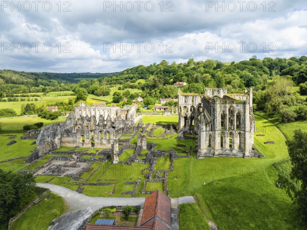 Rievaulx Abbey from a drone, North York Moors National Park, North Yorkshire, England, United Kingdom, Europe
