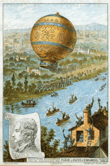 First manned free balloon flight, Pilatre de Rozier and the Marquis dArlandes, 21 November 1783, in a Montgolfier (hot air) balloon from the Bois de Boulogne, Paris, France, 9 km in 25 minutes. Aviation Aviation Ballooning, Europe