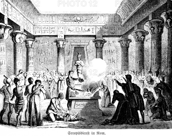 Serapis service in Rome, cult of the gods, sacrifice ceremony, fire, smoke, crowd, interior, columns, Etruscans, Etruscans, Roman Empire, historical illustration 1880