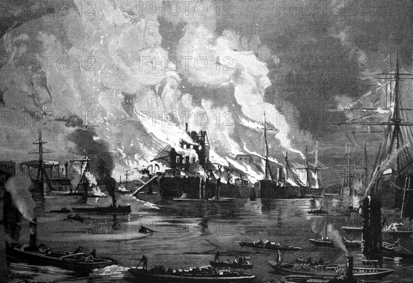 The harbour fire in Hamburg, Germany, in May 1842, Historical, digital reproduction of an original from the 19th century, Europe