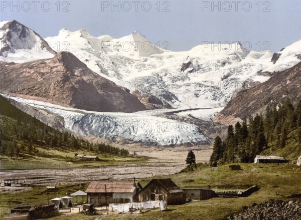 Upper Engadine, Roseg Glacier and Hotel, Graubuenden, Switzerland, Historic, digitally restored reproduction from a 19th century original, Record date not stated, Europe