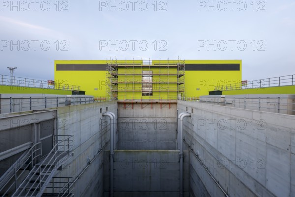 Oberhausen, Ruhr area, North Rhine-Westphalia, Germany - Emscher conversion, new Emscher AKE sewer, here the new Oberhausen pumping station, the ecological conversion of the Emscher system consists of the construction of a central wastewater treatment system in the Ruhr area, the construction of sewers and the renaturalisation of the Emscher and its tributaries