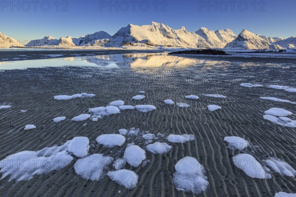 Ice floes on the beach in front of snowy mountains, evening light, winter, Moskenesoya, Lofoten, Norway, Europe