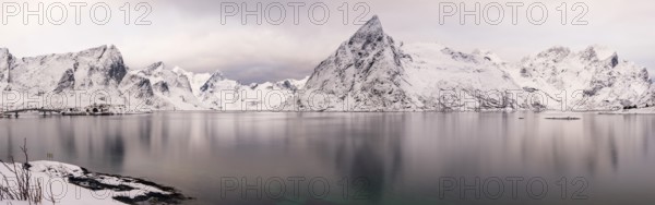 Panoramic picture, snowy mountains at the fjord, Hamnøy, Reine, Moskenesøya, Lofoten, Norway, Europe