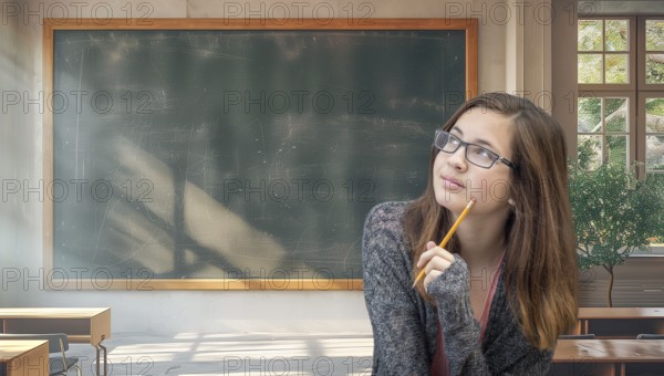 Young female student with pencil in her classroom glancing toward the blank chalkboard ready for your text