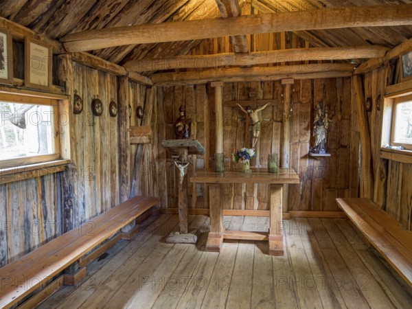Interior of wooden chapel built by padre Ronchi, near Villa o' Higgins, Patagonia, Chile, South America