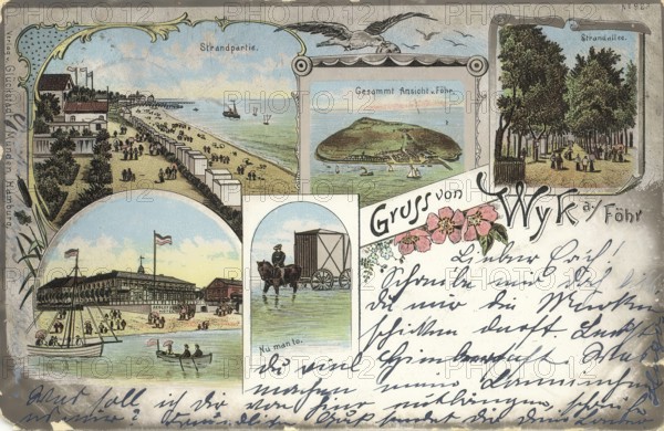 Historical postcard, picture postcard, beach life in Wyk auf Föhr, North Frisia, Schleswig-Holstein, Germany, digitally enhanced reproduction of an original from around 1900, picture postcard, Europe