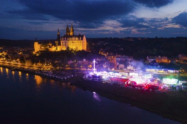 Albrechtsburg Castle and hustle and bustle on the Elbe for the wine festival, night shot from above, Meissen, Saxony, Germany, Europe