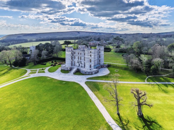 Lulworth Castle from a drone, Lulworth Estate, Camp Bestival, East Lulworth, Dorset, England, United Kingdom, Europe