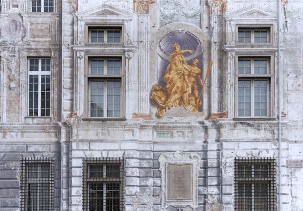Façade fresco on the Palazzo San Giorgio, built in 1260, Piazza Caricamento, Genoa, Italy, Europe