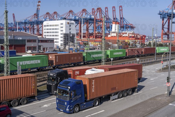 Port of Hamburg, Waltershofer Hafen, container ships, goods train with containers and container lorries bring and collect freight containers to and from HHLA Container Terminal Burchardkai, Hamburg, Germany, Europe
