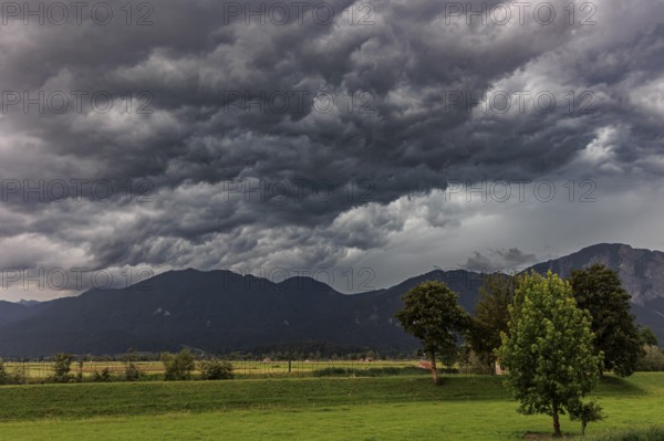 Dark storm clouds during a thunderstorm, storm, summer, mountain landscape, Loisach-Lake Kochel-Moore, Bavaria, Germany, Europe