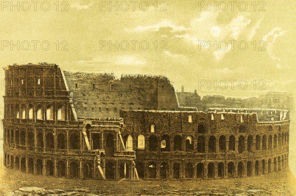 Amphiteatrum Flavium, Colosseum, amphitheatre, built 72-80 AD, entertainment, fun, cruelty, Ancient Rome, Italy, coloured historical illustration from 1882, Europe