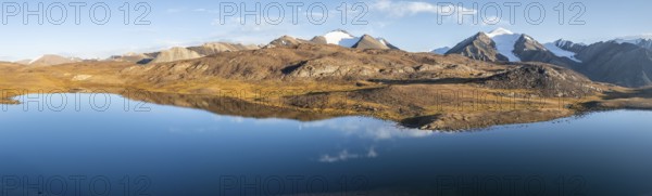 Aerial view, mountain peak and mountain lake, evening mood, Arabel Lake at Arabel Pass, Issyk Kul Province, Kyrgyzstan, Asia