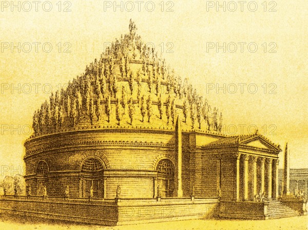 Mausoleum Augusti or Mausoleo di Augusto, Mausoleum of Augustus in original condition, round building, entrance with columns, pointed roof, statues, obelisks, ancient Rome, Italy, coloured historical illustration from 1882, Europe