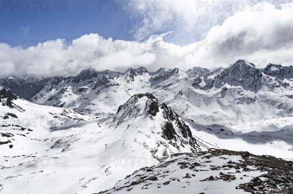 View at the summit of Piz Laviner, mountain panorama in winter, mountain landscape with mountain peak Piz Bever, Grisons Haute Route, Albula Alps, Rhaetian Alps, Grisons, Eastern Switzerland, Switzerland, Europe