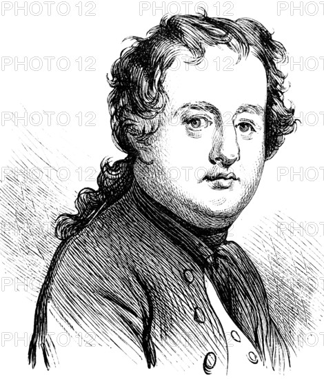 Portrait of Georg Wenzelaus von Knobelsdorff, architect of Sanssouci Palace, Silesian landed gentry, head, face, looking at the viewer, jacket, pigtail, man, Prussia, historical illustration 1882