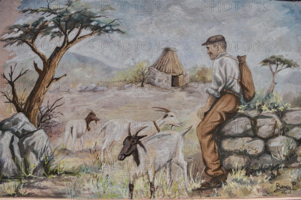 Mural of Sardinian shepherd, artist Pasqualino Baingiu, Orgosolo, Province of Nuoro, Sardinia, Italy, Europe