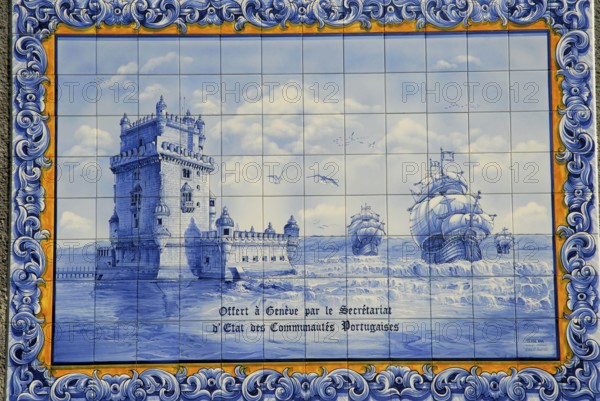 Azulejo with representation of the Torre de Belem, painted tiles, Ariana Park, Geneva, Canton of Geneva, Switzerland, Europe