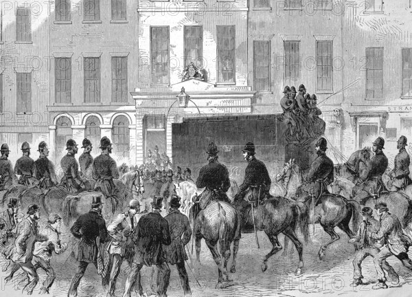 The Clerkenwell bombing, Clerkenwell bombing, was committed on 13 December 1867 in the London Borough of Clerkenwell of the North London Borough of Islington and was directed against Clerkenwell Prison, the defendants being led in front of the jury, London Borough of Islington, 1867, England, Historic, digitally restored reproduction of an original 19th century artwork, exact original date unknown