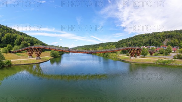 Aerial view, wooden span bridge, also called Tatzelwurm, 190 metres long, wooden bridge over Main-Danube Canal, Markt Essing, Altmühltal, Lower Bavaria, Bavaria, Germany, Europe