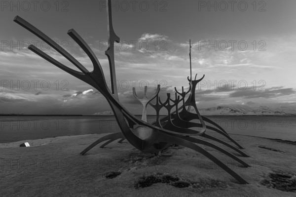 Viking ship sculpture, Sun Voyager, black and white photograph, Reykjavik, Reykjanes Peninsula, Sudurnes, Iceland, Europe