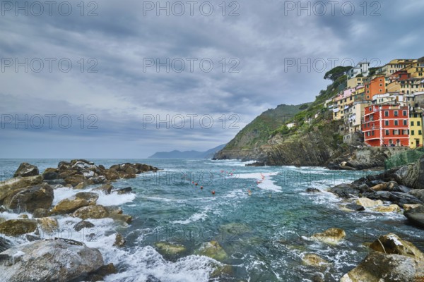 Riomaggiore village popular tourist destination in Cinque Terre National Park a UNESCO World Heritage Site, Liguria, Italy in stormy weather