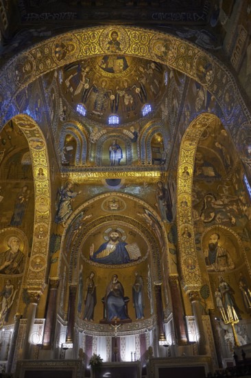 Medieval Byzantine style mosaics of the main aisle & altar, Palatine Chapel, Cappella Palatina, Palermo, Italy, Europe