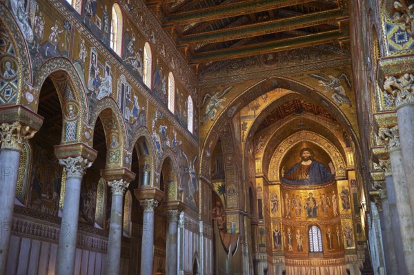 Christ Pantocrator mosaics of the Norman-Byzantine medieval cathedral of Monreale, province of Palermo, Sicily, Italy, Europe