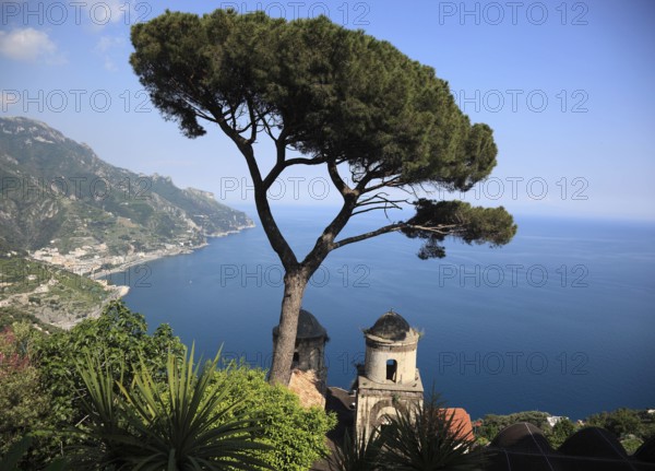 View from Villa Rufolo of the Gulf of Salerno and the towers of the Church of Chiese dell Annunziata, Campania, Italy, Europe