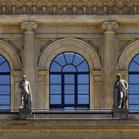 Opera House, detail with the statues of Goethe and Mozart, Hanover, Lower Saxony, Germany, Europe