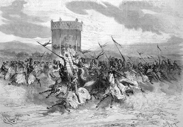 Tournament of knights in the park of the castle in Marseille on the occasion of a charity event, 1869, France, Historic, digitally restored reproduction of an original 19th century master, exact original date not known, Europe