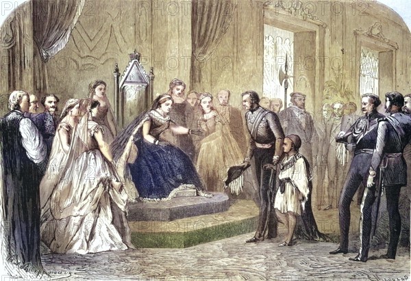 General Robert Napier presents the son of Negus Theodoros of Abyssinia to Queen Victoria of England, 1869, England, Historical, digitally restored reproduction of an original 19th century master, exact original date not known
