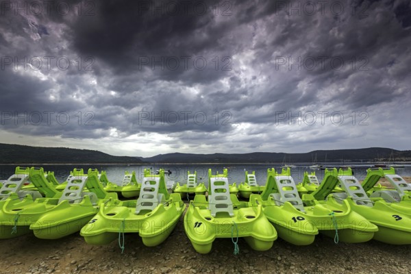 Pedal boats on the beach in Sainte Croix du Verdon, Lac de Sainte-Croix, thunderstorm atmosphere, Provence-Alpes-Côte d'Azur, Provence, France, Europe
