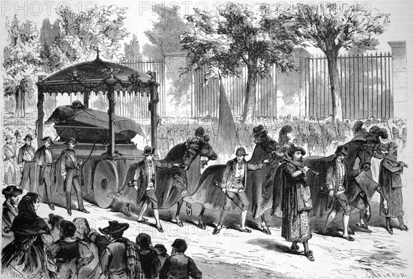 Funeral of Ramon Maria Narvaez Campos (4 August 1800 - 23 April 1868), Duke of Valencia since 1844, was a Spanish military man and politician. He was Spanish Prime Minister several times between 1844 and 1868, Historical, digitally restored reproduction of an original from the 19th century, exact original date not known