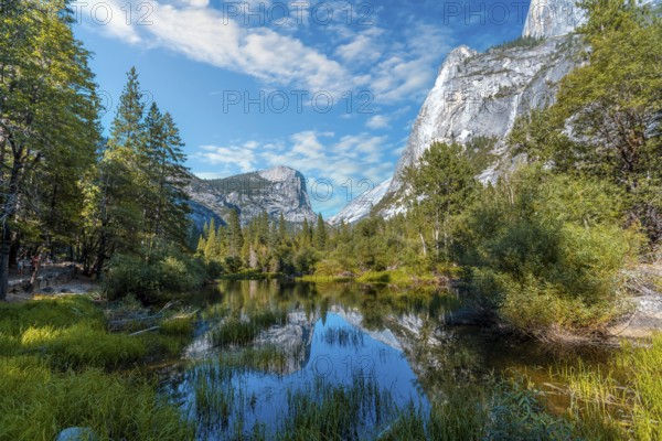 Reflections in the water of the Yosemite Mountains in Mirror lake, Yosemite. California, United States, North America