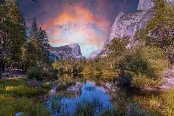 Reflections in the water of the Yosemite Mountains at Mirror Lake at sunset, Yosemite. California, United States, North America