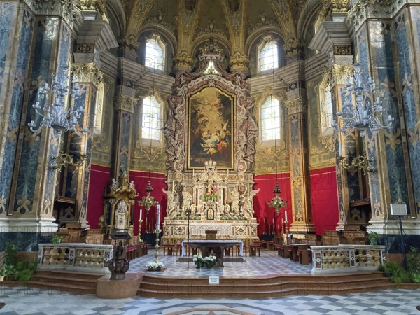 View from interior central nave nave to apse with altar of Bressanone Cathedral Brixen Cathedral Episcopal Church of the Assumption of the Blessed Virgin Mary and St. Cassian in Baroque style Baroque architecture, Bressanone, South Tyrol, Alto Adige, Italy, Europe
