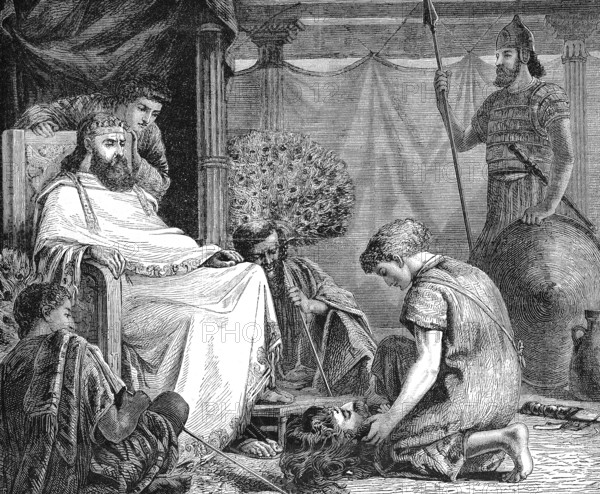 David and Goliath, David presents Saul Goliath's head, David and Goliath, Historic, digitally restored reproduction of a 19th century original, exact original date unknown