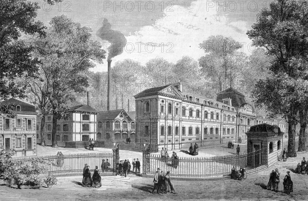 New buildings of the imperial porcelain manufactory in Sevres, Manufacture royale de porcelaine de Sèvres is one of the most important European manufactories for the production of fritted porcelain, 1869, France, Historic, digitally restored reproduction of an original 19th century master, exact original date unknown, Europe